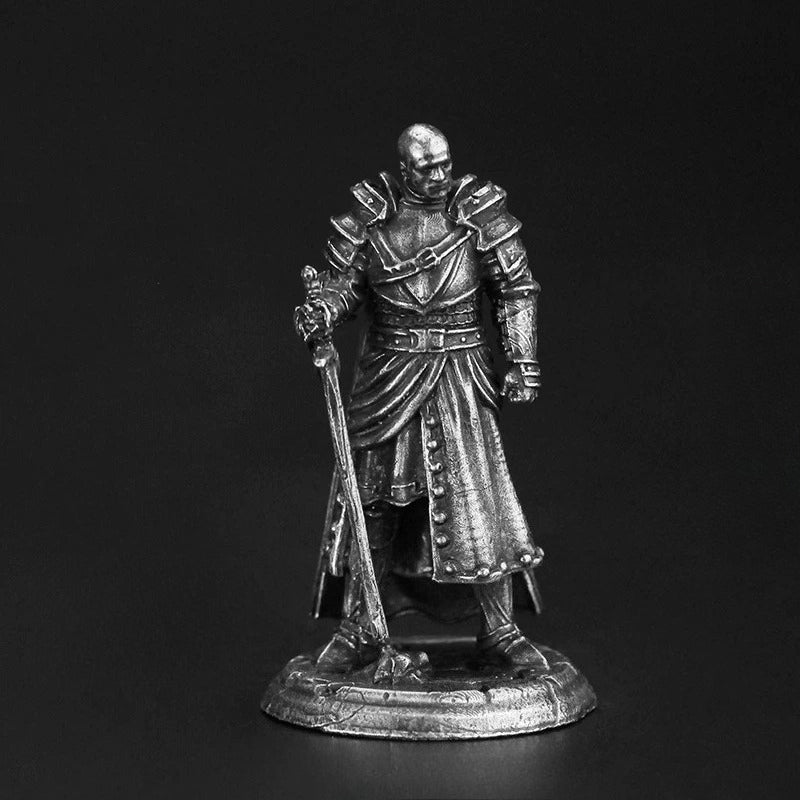 White Brass Figurine Templar Knight Miniature - Bald Plate Armor Longsword Figure
