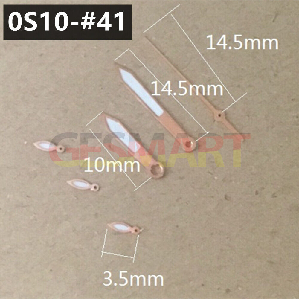 Rose gold 14.5mm watch hands with green lume, compatible with Miyota 0S10 quartz movement.