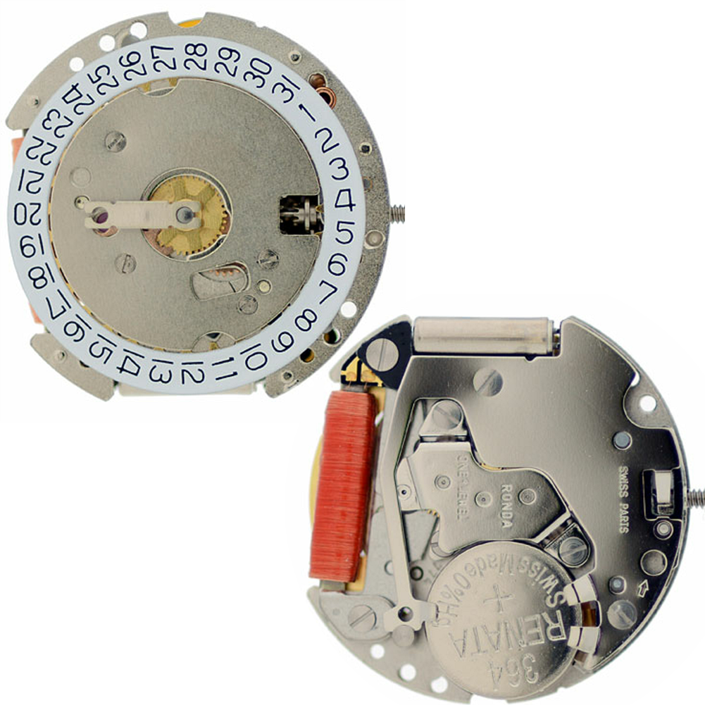 Ronda 774 quartz watch movement with date display at 3 o'clock, precise timekeeping by Ronda.