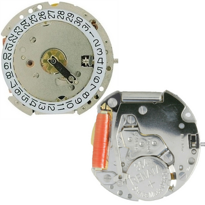 Ronda 775 quartz watch movement showing date display at 3 and 6 o'clock positions, precision timing.