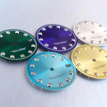 Mod Diamond Index 28.5mm watch dial in silver blue green, compatible with NH35A NH36A automatic movements.
