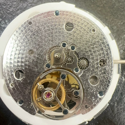 Dandong 9001 hand winding mechanical watch with visible flywheel and two hands, premium craftsmanship.