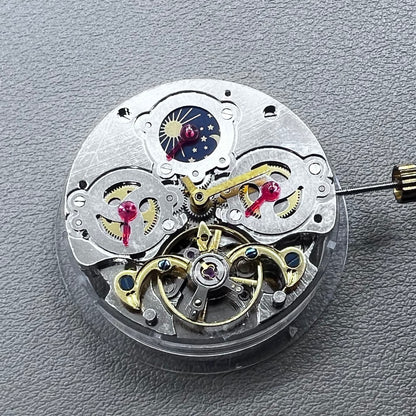 China multifunctional automatic watch with mechanical movement, moon phase at 12 o?clock, and visible flywheel detail