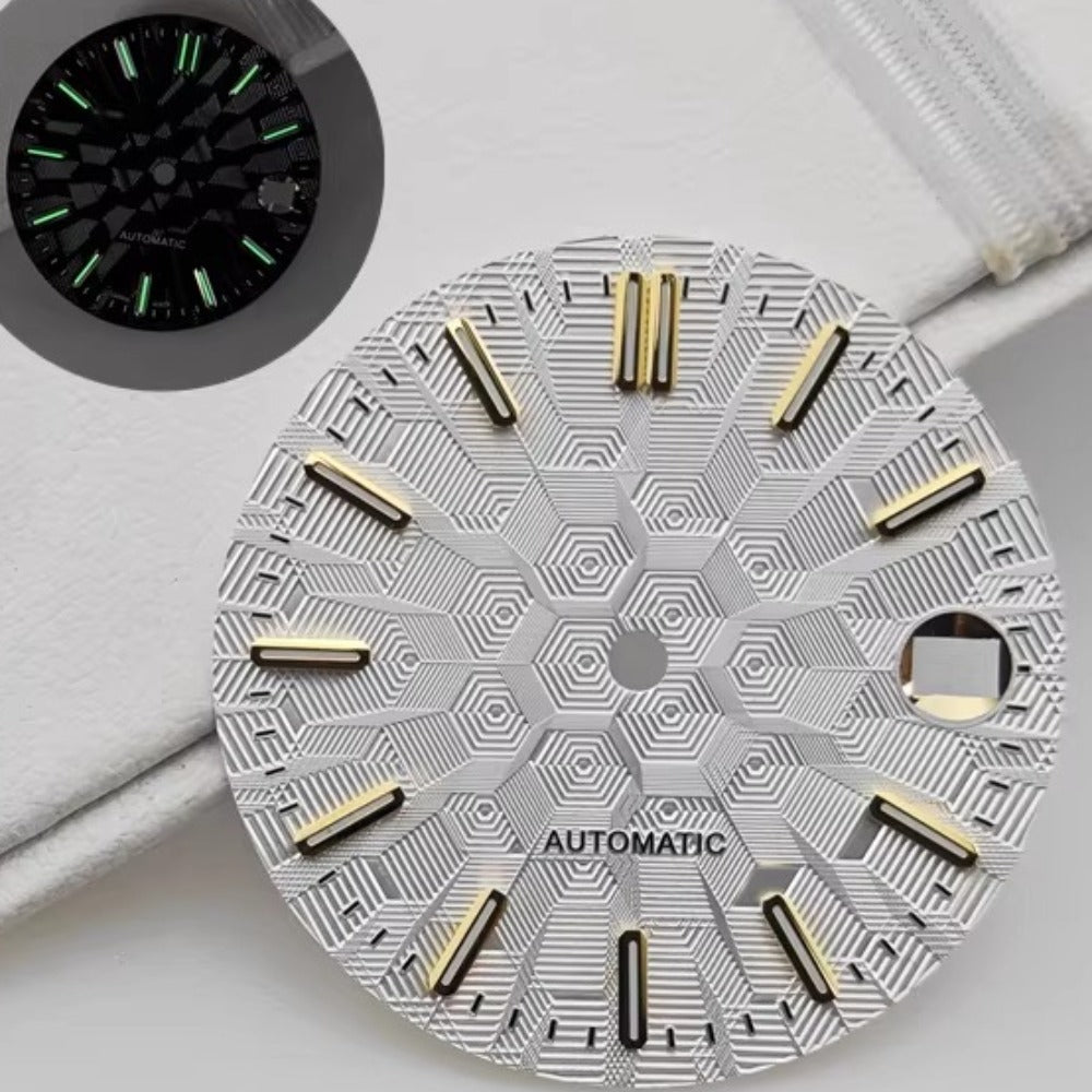 White 28.5mm golden nail lume watch dial, compatible with NH35 NH36 movements, sleek design.