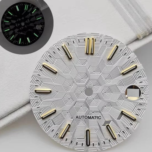 White 28.5mm golden nail lume watch dial, compatible with NH35 NH36 movements, sleek design.