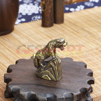 Vintage solid copper tiger trinket, hand-carved bronze figurine for elegant decor.