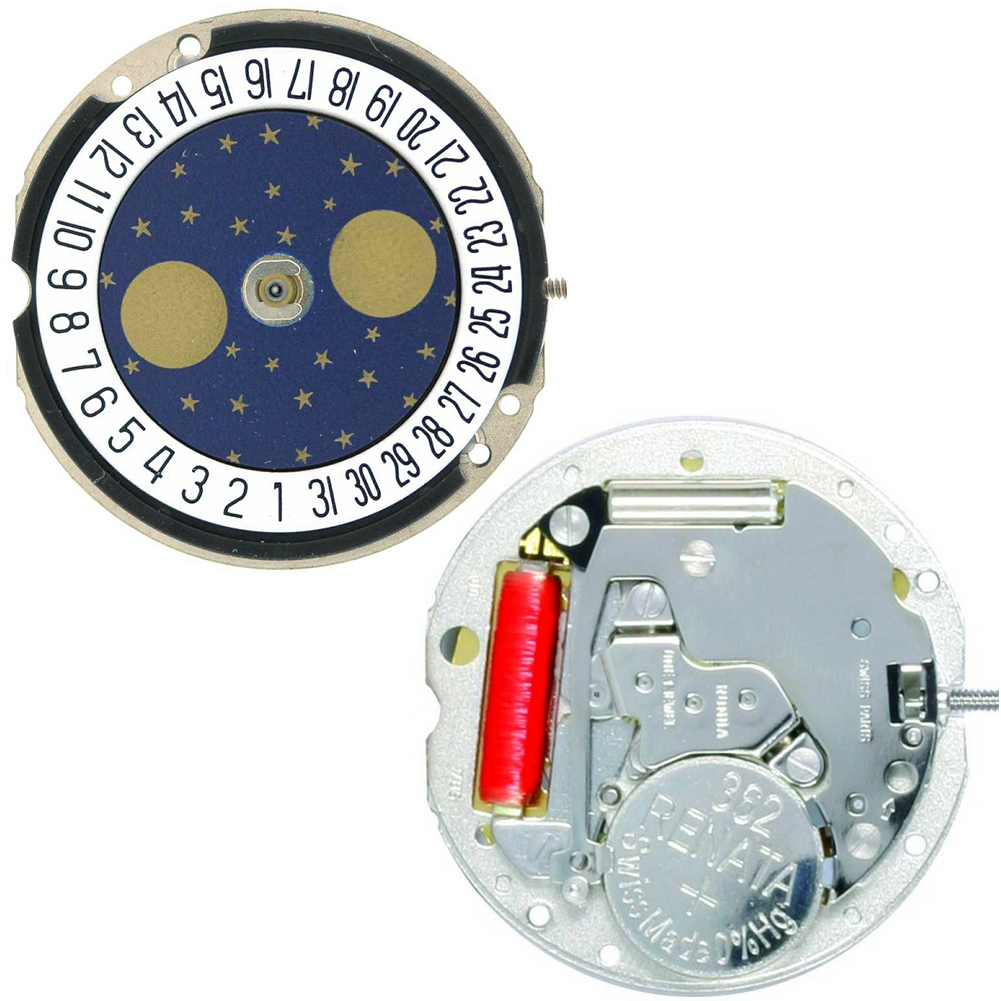 Ronda 788 quartz watch movement featuring date windows at 3 and 6 o'clock for accurate timekeeping.