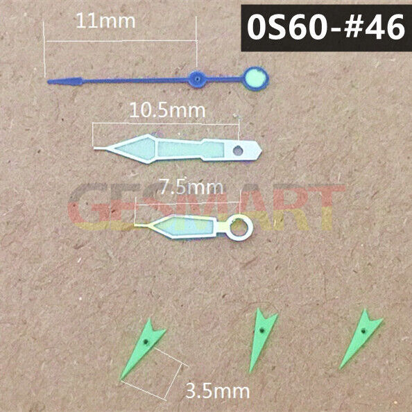 Dark blue 11mm watch hands with silver trim and green luminous tips for Miyota 0S60 movement,.