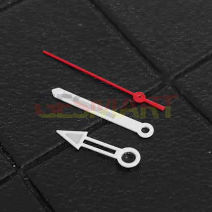 Green lume watch hands with white trim and red second hand, compatible with NH35/NH36/4R/7S movements.