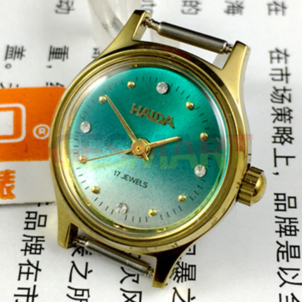 HAIDA 23mm mechanical lady watch featuring golden nail markers, gradient green dial, and 17 jewels movement for elegant style.
