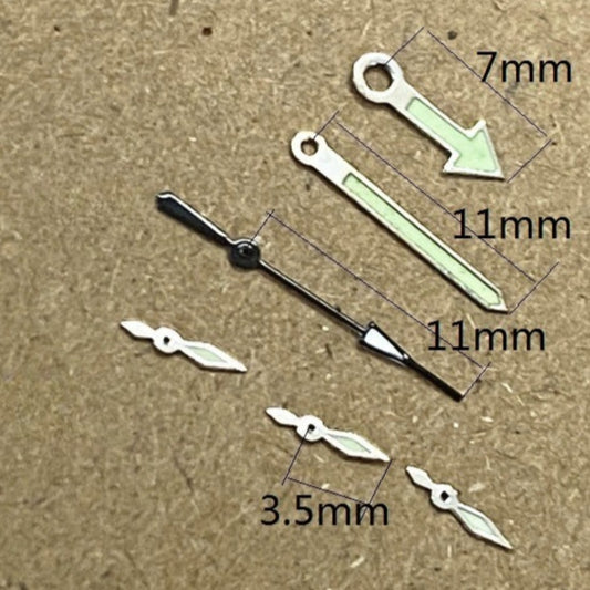 11mm silver and black trimmed green lume watch hands for Miyota OS10 OS20 OS30 movements.