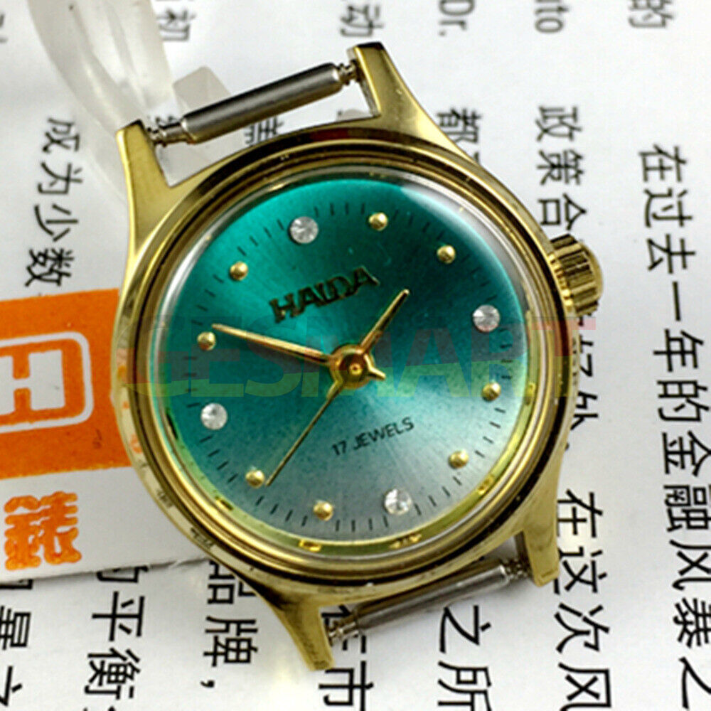 HAIDA 23mm mechanical lady watch with golden nail markers and gradient green dial, 17 jewels movement.