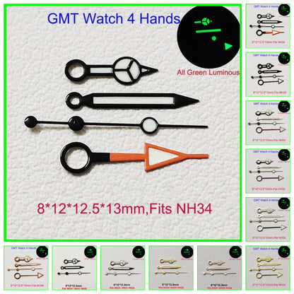 GMT Watch Hands for NH34 NH35 NH36 C3 Green Luminous 8*12*12.5*13mm