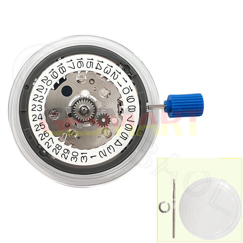 NH34 automatic GMT watch movement showing white disk wheel and date at 9 o'clock with hacking seconds feature.