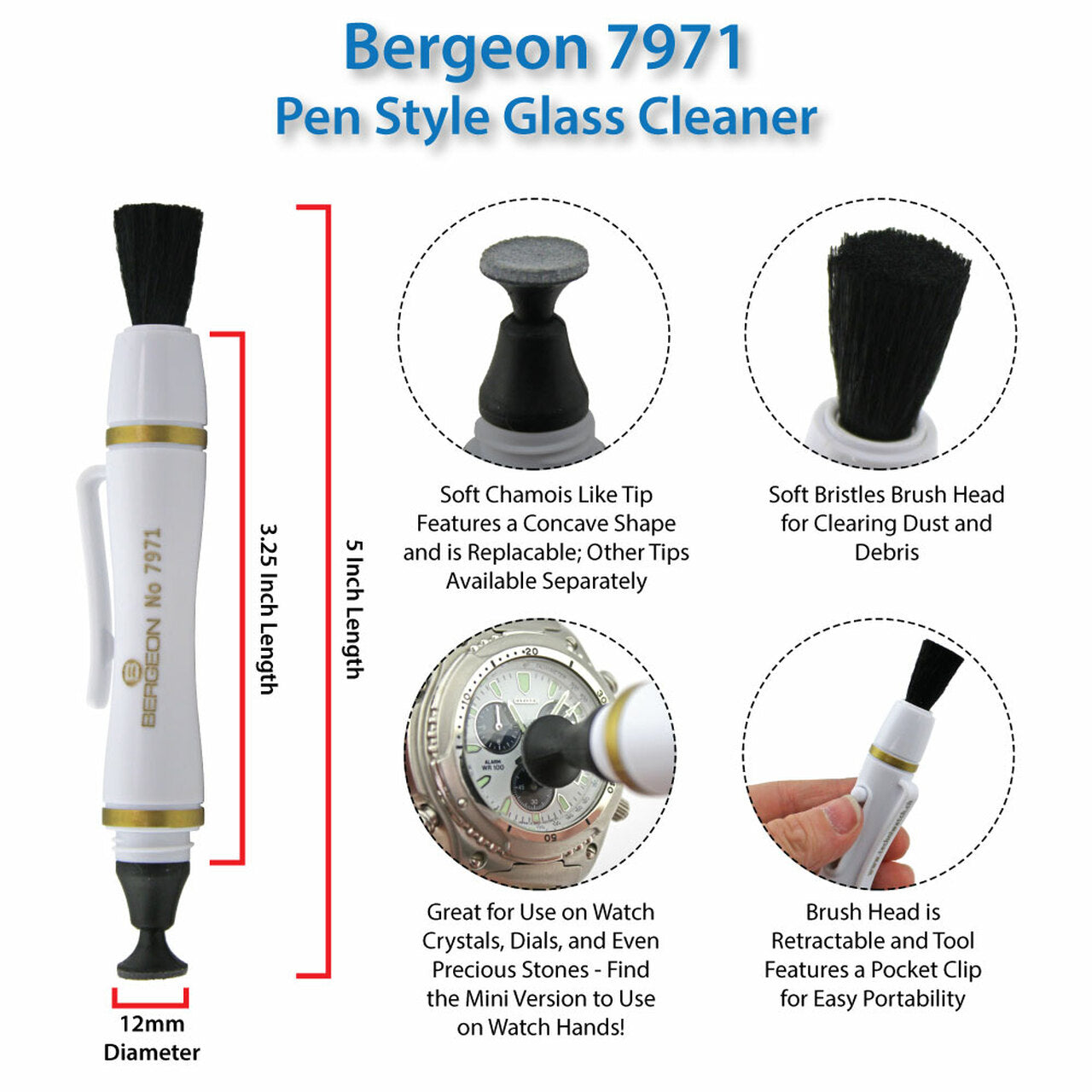 Bergeon 7971 glass pen cleaner for precise watch polishing and accessory maintenance tasks