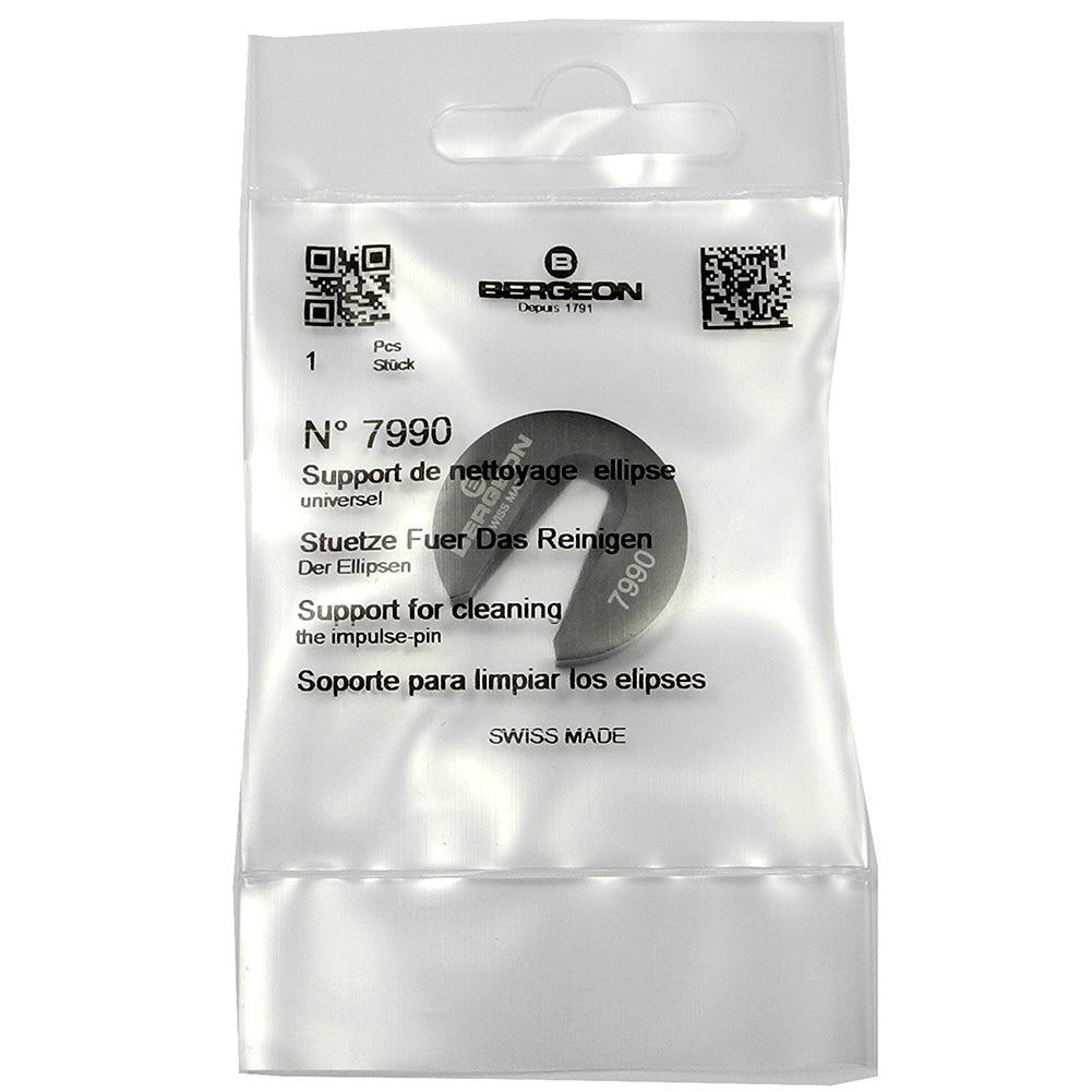 Bergeon 7990 watchmaker tool holding balance wheel impulse-pin for precise cleaning.