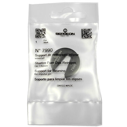 Bergeon 7990 watchmaker tool holding balance wheel impulse-pin for precise cleaning.