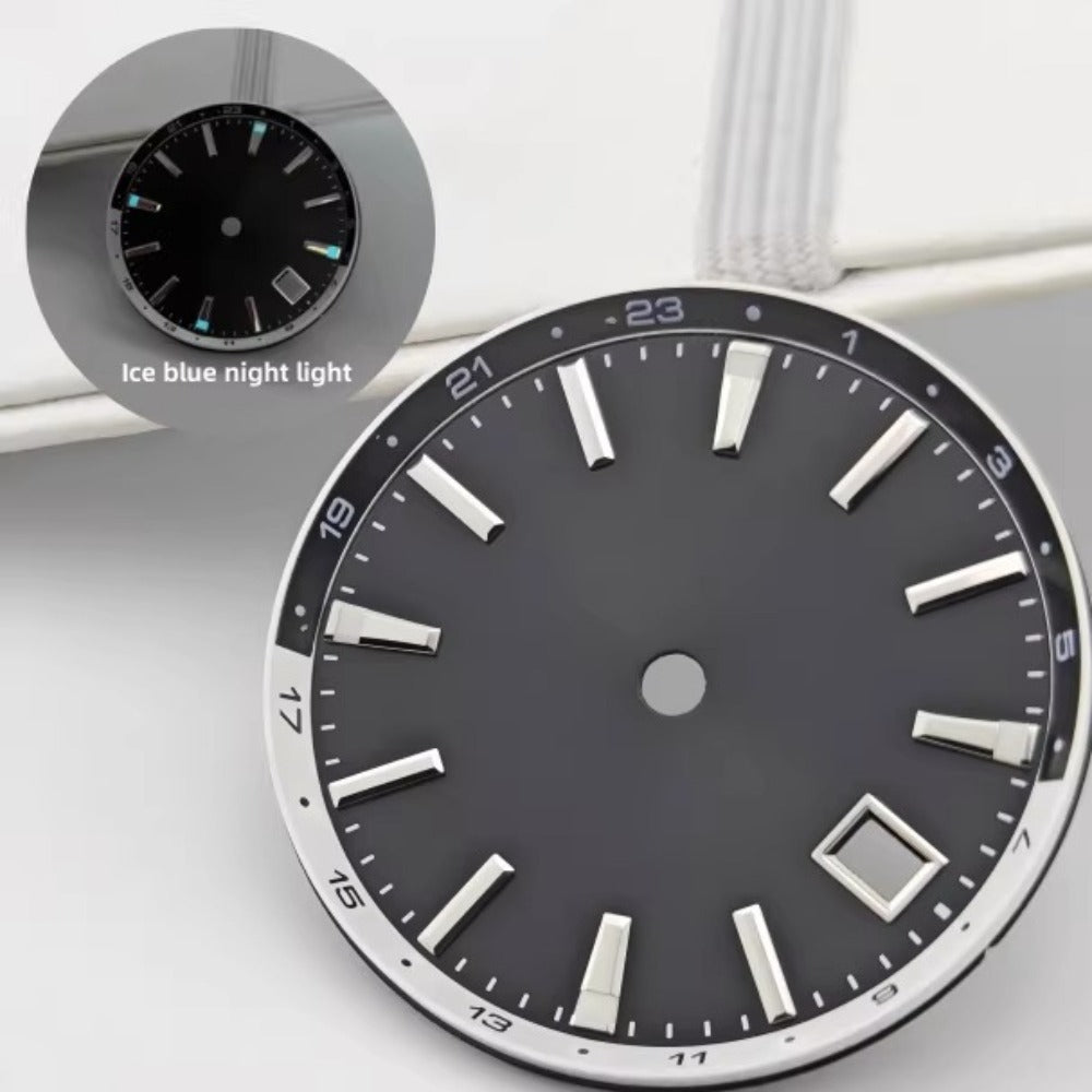 Solid black 32mm Tai Chi watch dial with blue lume, compatible with NH34 movement, for 44mm case