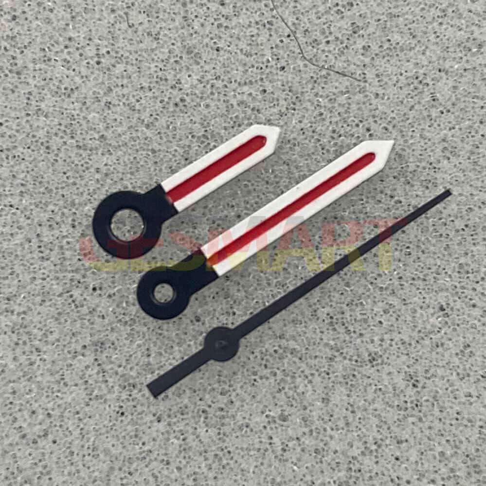 Red arrow-shaped silver trimmed luminous watch hands for NH35/NH36 movements with green glow.