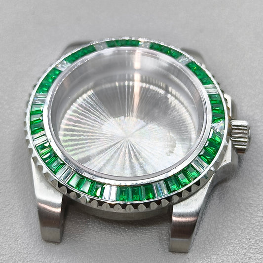 40mm Watch Case for NH35 NH36 Crystal Green Bezel Solid Bottom Sapphire Glass