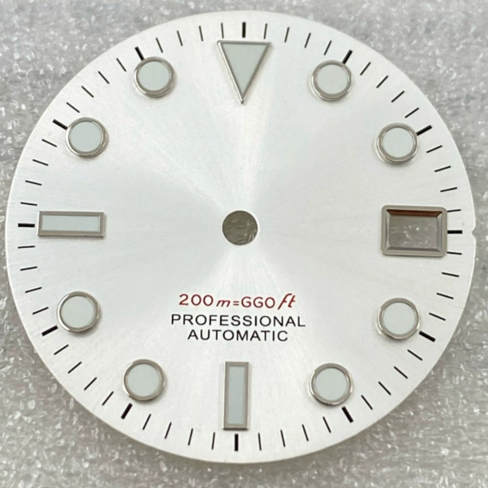 Silver-trimmed Green Lume nail watch dial on white background for NH35/36