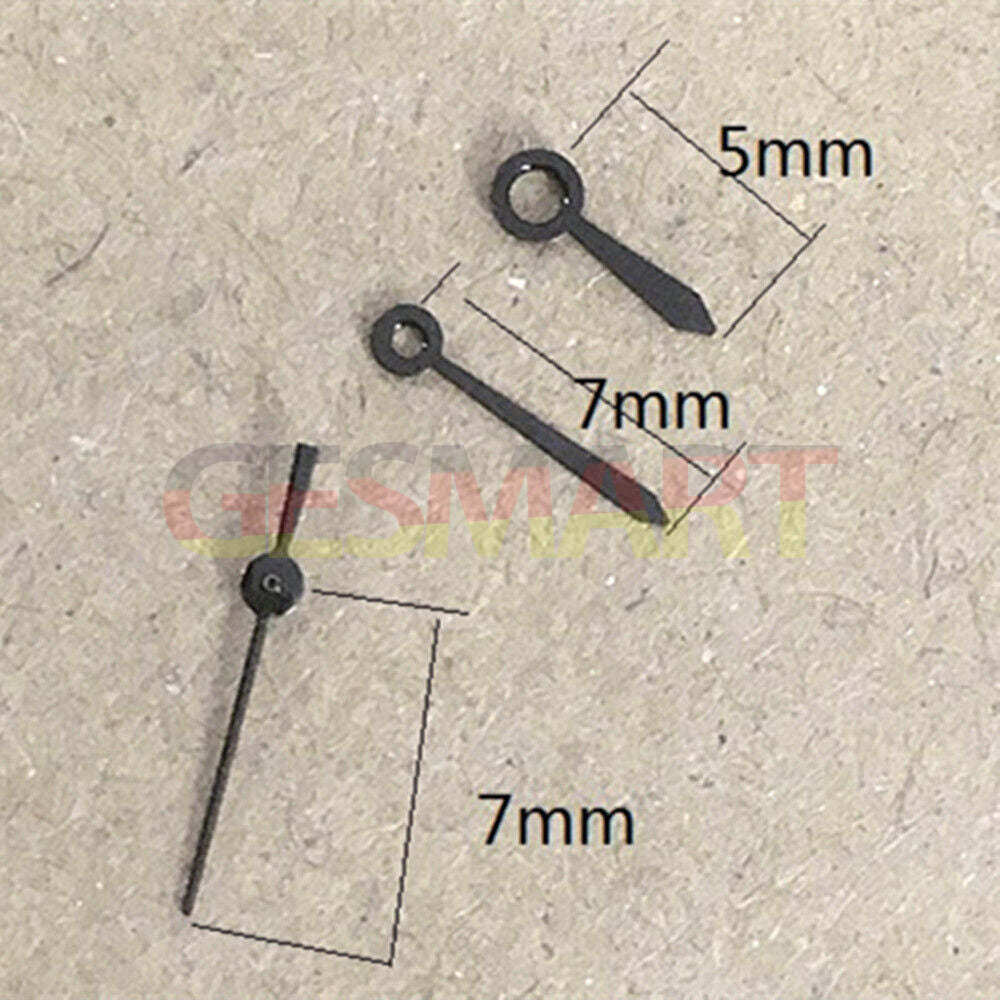 7mm matted black watch hands by Epson for TMI VJ22 quartz movement, sleek design with no lume.