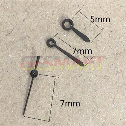 7mm matted black watch hands by Epson for TMI VJ22 quartz movement, sleek design with no lume.