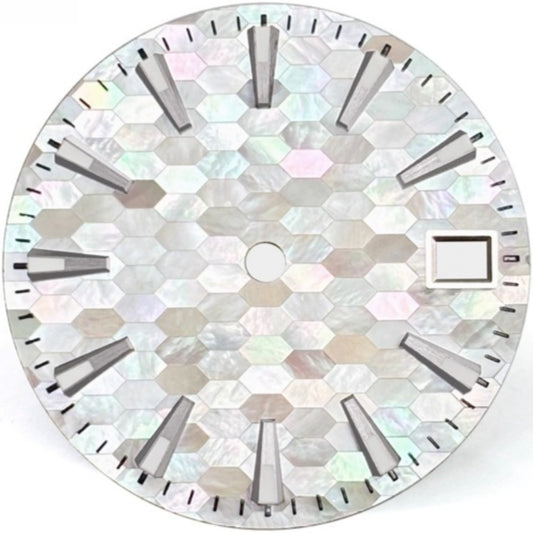 White trapezoid nail watch dial with natural seashell and blue lume, compatible with NH35 movement.