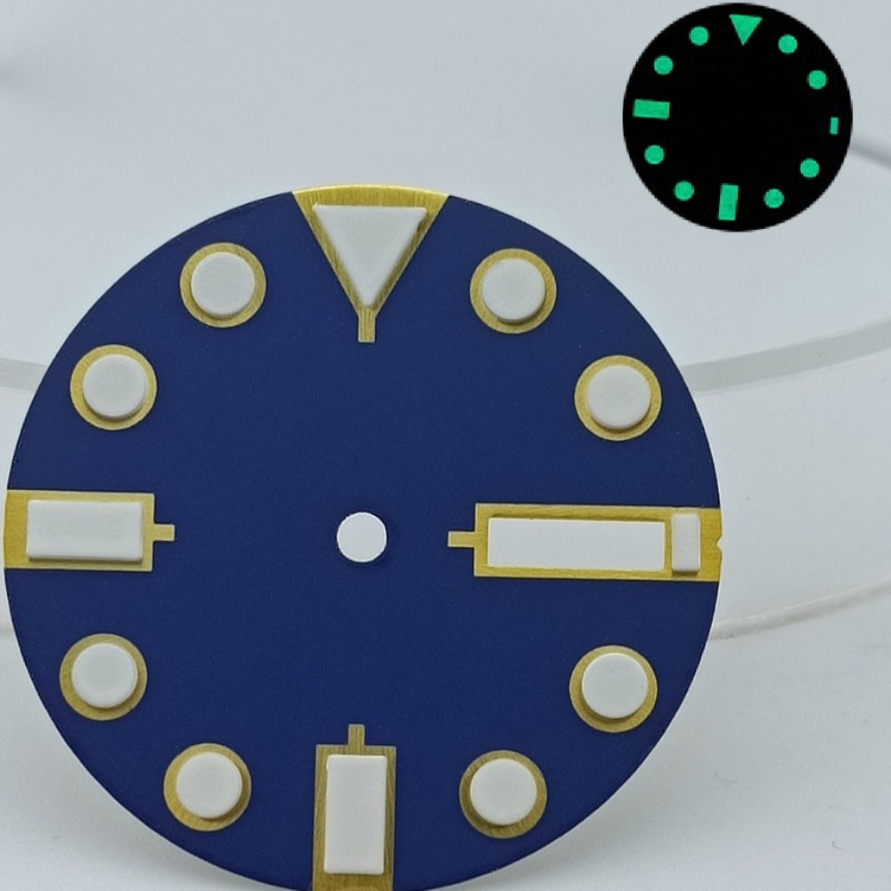 Golden metal 28.5mm watch dial with blue diving style, green lume for NH36 movement.