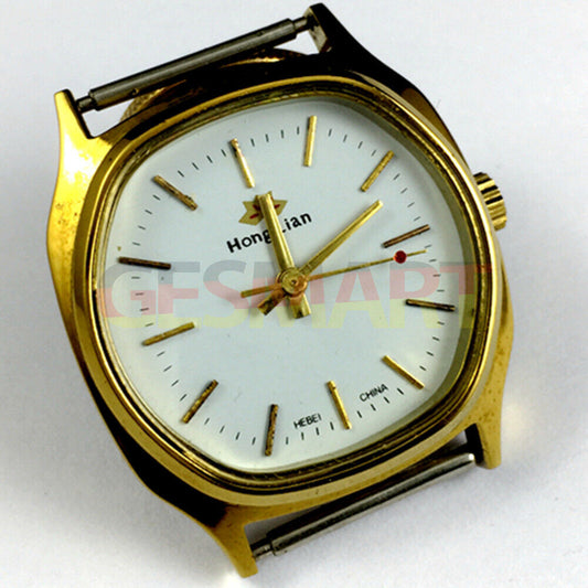 33mm HONGLIAN manual mechanical watch with white dial, golden nail markers, and square golden case.