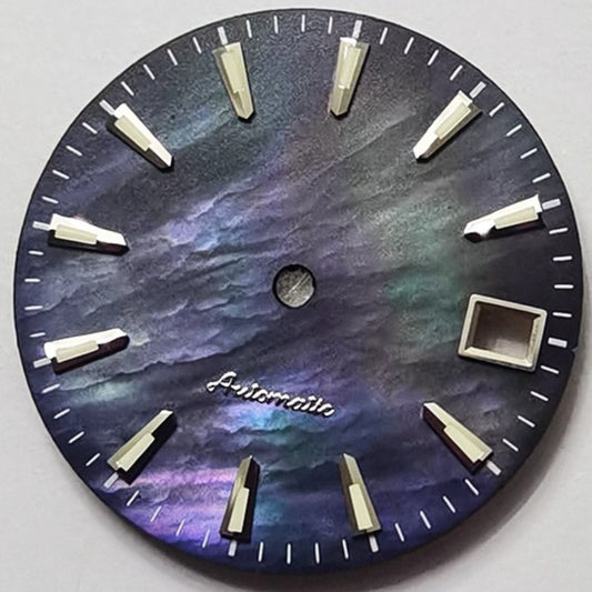 Twill Universe 28.5mm green lume seashell watch dial with MOP finish for NH35/NH36 movements.