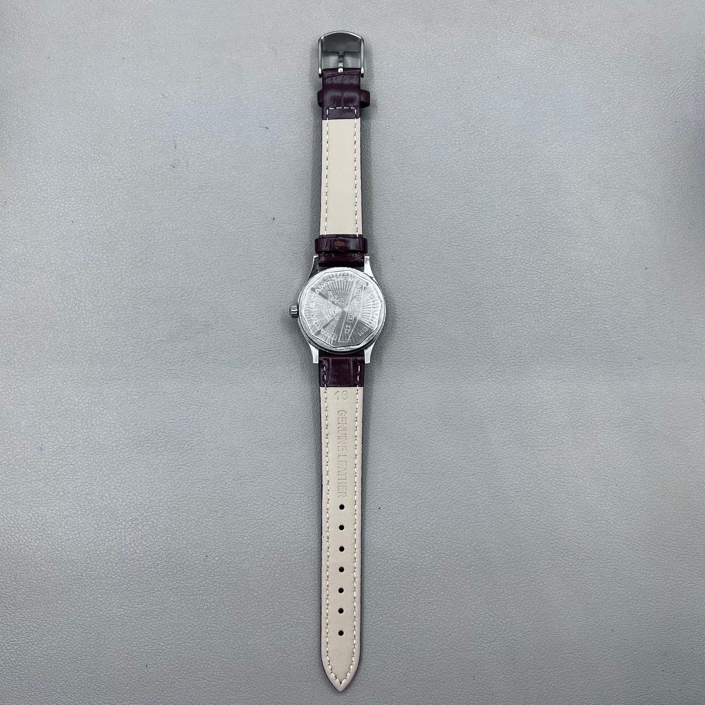 33mm Dark Brown Strap Manual Mechanical Watch Golden Nail Silver Dial Round Golden Case