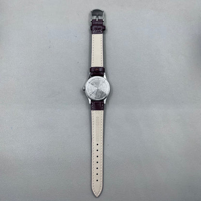 33mm Dark Brown Strap Manual Mechanical Watch Golden Nail Silver Dial Round Golden Case