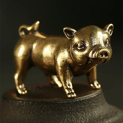 Vintage solid copper pig figurine, hand-carved bronze model for watch accessory display.
