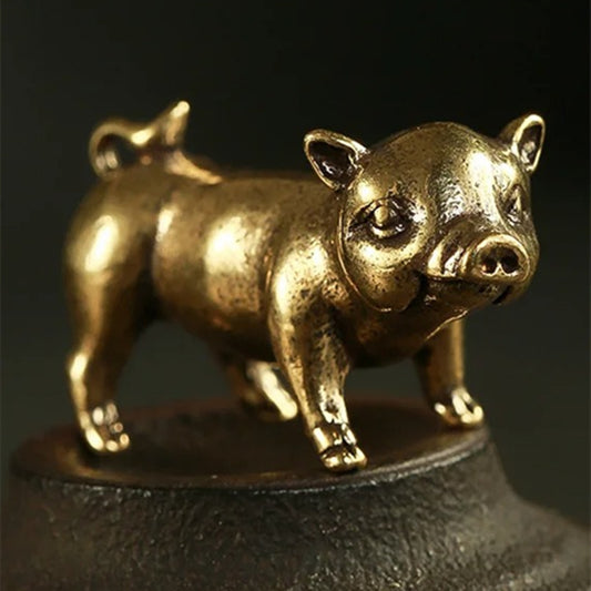 Vintage solid copper pig figurine, hand-carved bronze model for watch accessory display.