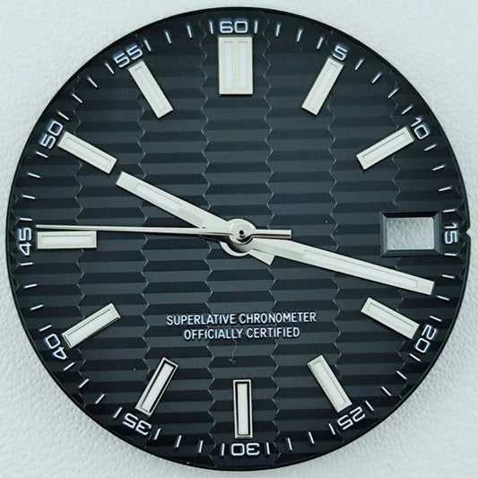 Green Lume Waved Black Watch Dial with Silver Trim Suitable for NH35