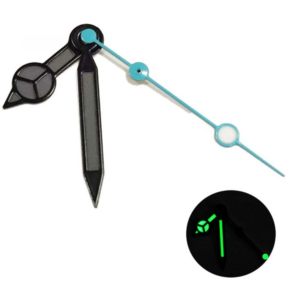 Matted black trim watch hands with blue second hand lume, compatible with NH35/36 movements, for precise timekeeping.