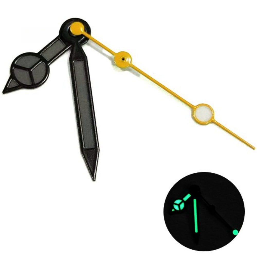 Matted black trim watch hands with yellow second hand, painted lume for NH35/36 movement.