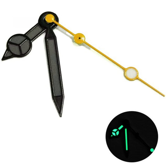 Matted black trim watch hands with yellow second hand, painted lume for NH35/36 movement.