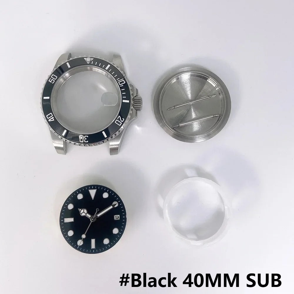 40MM Steel Watch Case Set SUB Case Sapphire Crystal for MingZhu 2813 8215