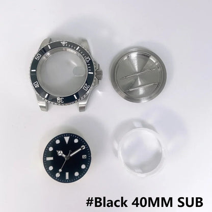 40MM Steel Watch Case Set SUB Case Sapphire Crystal for MingZhu 2813 8215