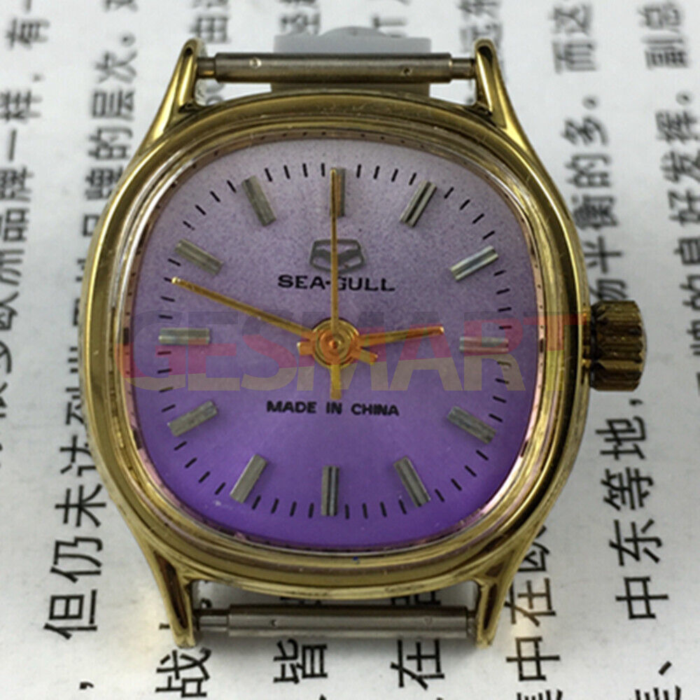 Seagull 27mm square purple dial ladies watch featuring manual mechanical movement and three-hand display.