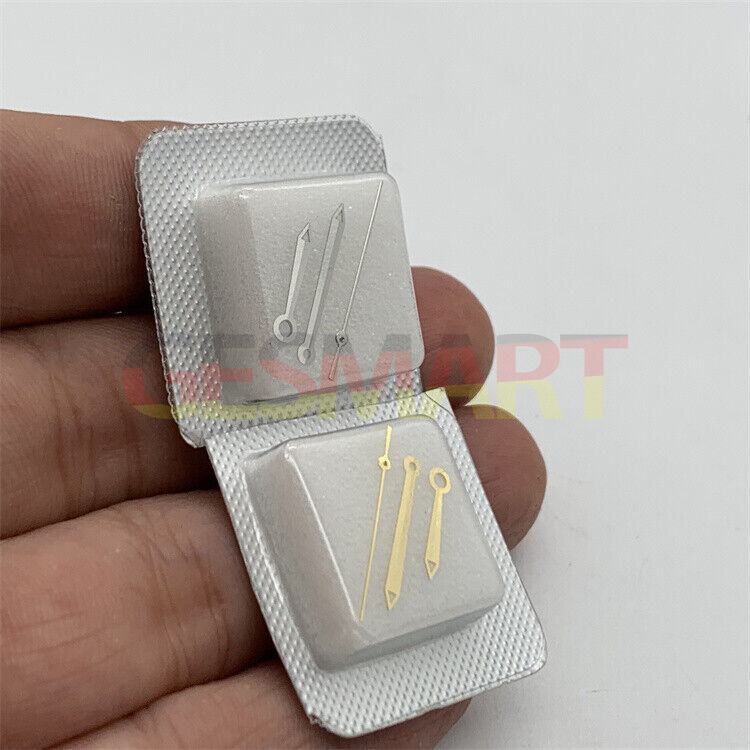 Green lumed pointed watch hands set for ETA2834 movement, ideal for T038 men's watch repair.