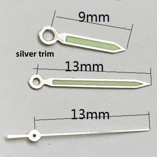 Silver trim lume watch hands set for Ronda 515 quartz movement, precise fit for 13x13x9mm watches.
