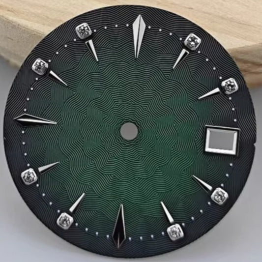29mm Green Radial Vein watch dial, compatible with NH35 movement, featuring single calendar for ladies.