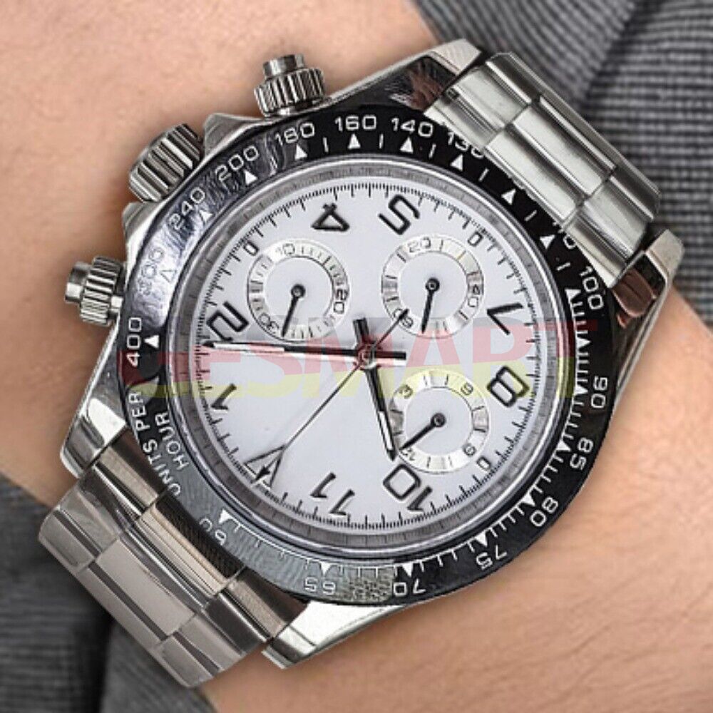 39mm Sapphire Glass VK63 Chronograph quartz watch with white dial and numeral disk.