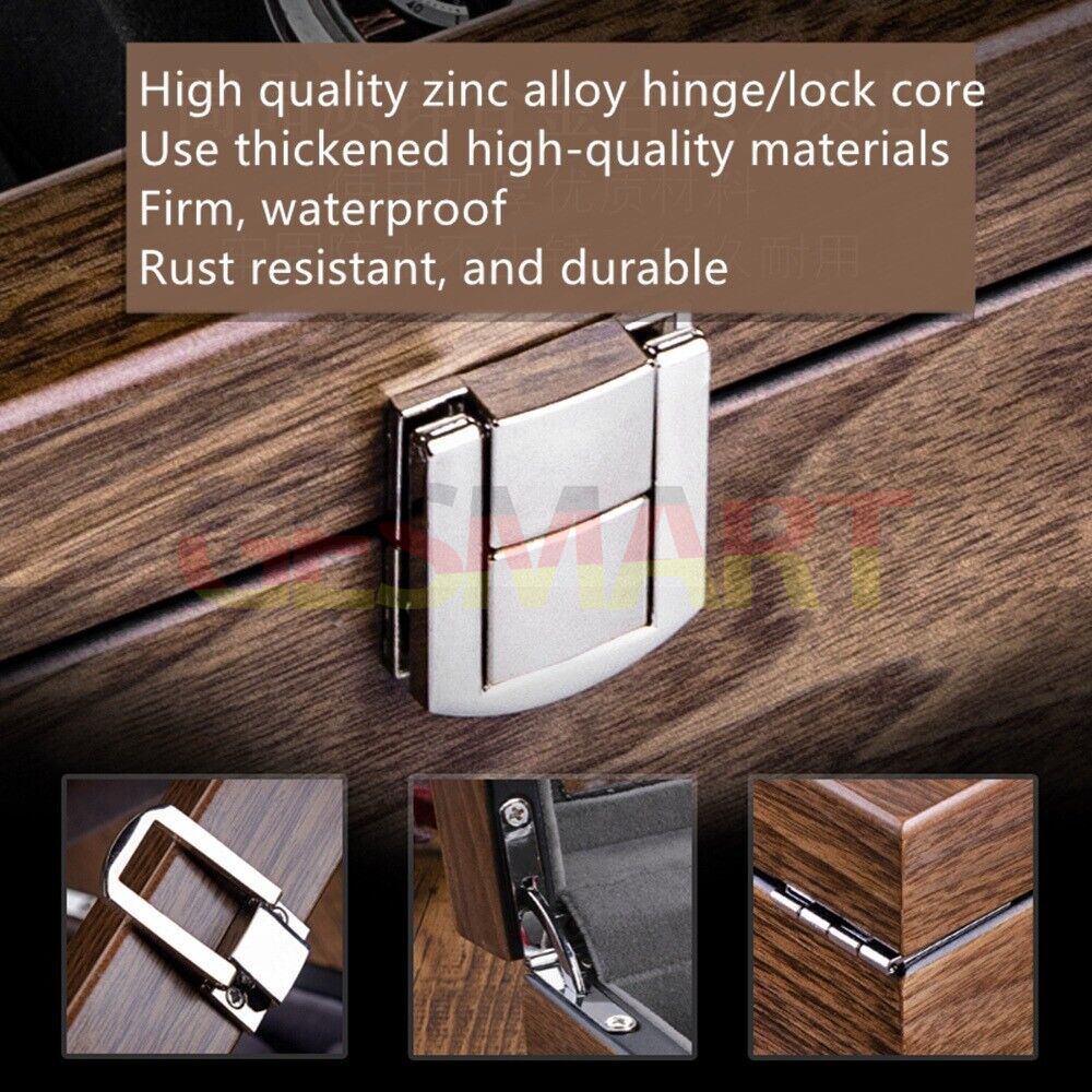 Walnut wood watch box organizer with 4 slots for watches and jewelry storage.