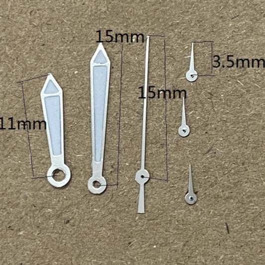 15mm silver-trimmed green lume watch hands for Miyota OS10 OS20 OS30 movements, precise timekeeping accessory.