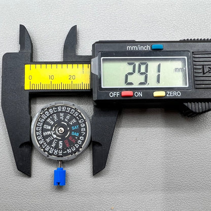 Seiko NH36A watch movement with black day wheel and English font, crown positioned at 3 o'clock