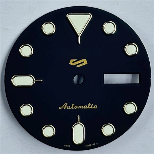 Black and gold trim Datejust dial with green lume, compatible with NH35 NH36 movements by Black+Golden.